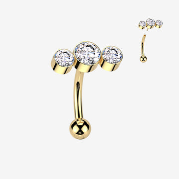 Implant Grade Titanium OneFit Threadless Golden Bubble Trio Sparkle Top Curved Barbell-Clear Gem